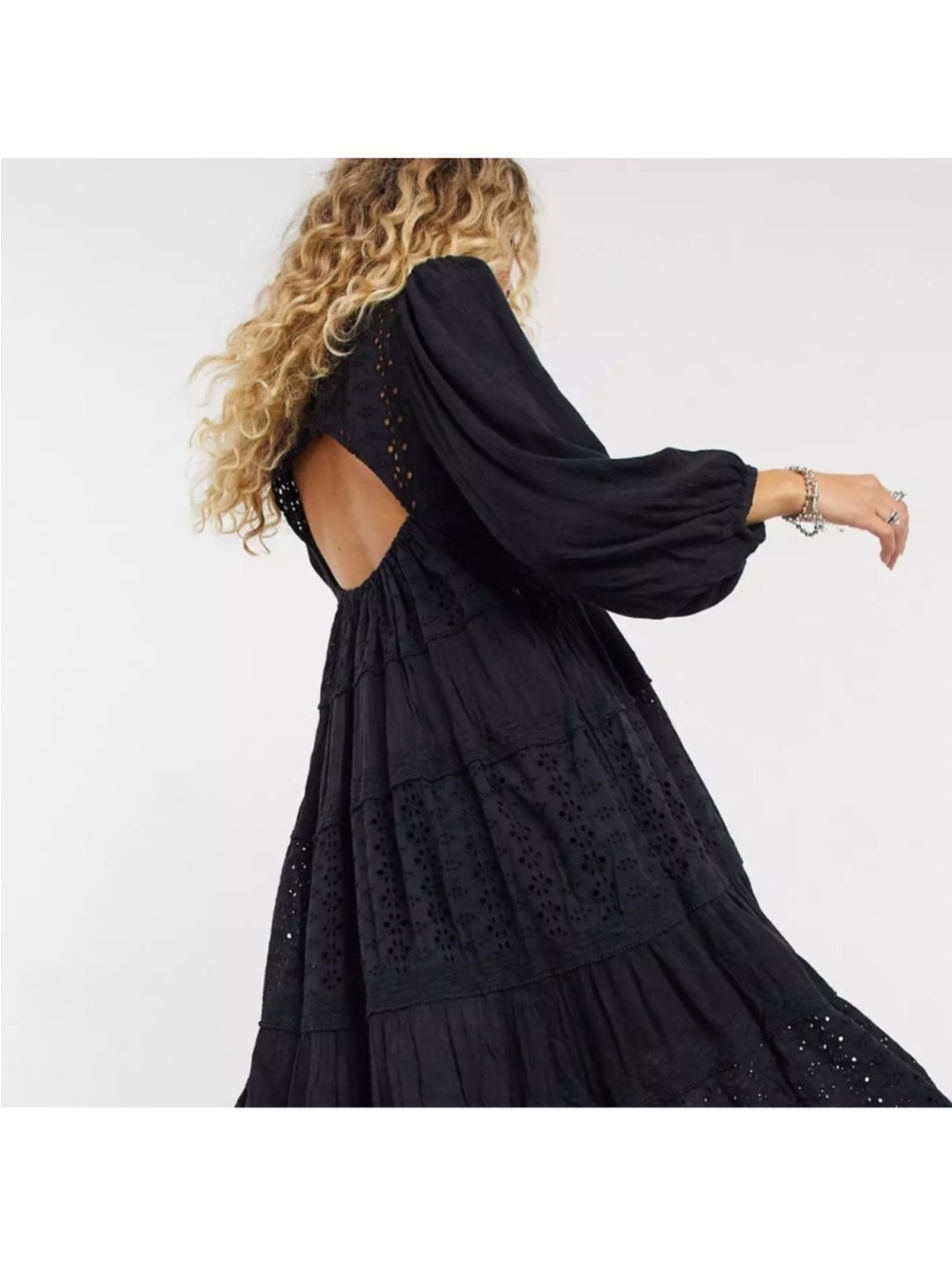 Free People Mockingbird Boho Black Cottagecore Eyelet Tiered Maxi Dress Sz XS - Picture 2 of 15